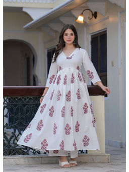 MIZAZJAIPUR - Women Cotton Printed V-Neck Flared Kurta with Palazzo (Set of 2)