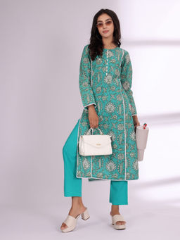 Varanga - Women Ethnic Jaipuri Printed Straight Kurta with Trouser (Set of 2)