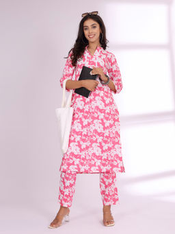 Varanga - Women Floral Printed Mandarin Collar Kurta with Trouser (Set of 2)