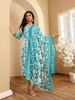 Varanga - Women Floral Printed V Neck Kurta with Trouser & Dupatta (Set of 3)