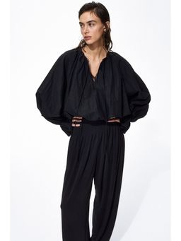 H&M - Women Black Pleated Barrel-Leg Trousers