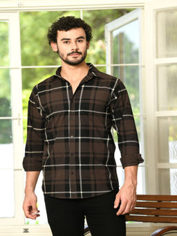 HONNETE - Mens Brown Checks Cotton Regular Fit Casual Shirt