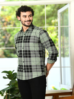 HONNETE - Mens Green Checks Cotton Regular Fit Casual Shirt