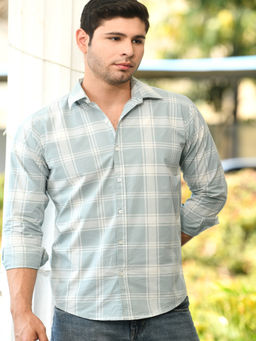 HONNETE - Mens Light Green Checks Cotton Regular Fit Casual Shirt