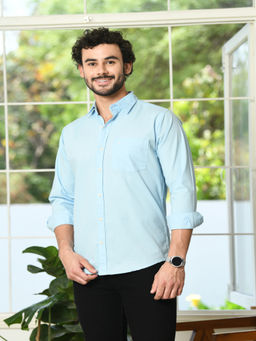 HONNETE - Mens Light Blue Solid Cotton Regular Fit Casual Shirt