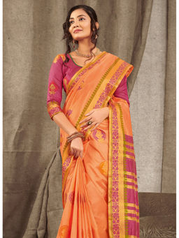 Sangam Prints - Peach Woven Work Traditional Saree with Unstitched Blouse