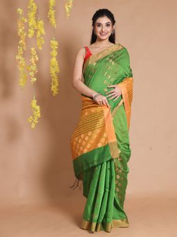 CHARUKRITI - Light Green Cotton Zari Motifs & Striped Pallu Handwoven Saree with Unstitched Blouse
