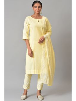 W - Yellow Kurta with Slim Pants & Dupatta (Set of 3)