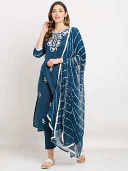 Rajnandini - Navy Blue Pure Cambric Cotton Floral Embroidered Kurta With Dupatta (Set of 3)