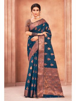 Sangam Prints - Navy Blue Cotton Silk Woven Zari Work Traditional Saree with Unstitched Blouse