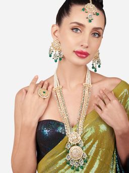 Zaveri Pearls - Green Kundan Bridal Necklace Earring Maangtikka and Ring Set-ZPFK16093