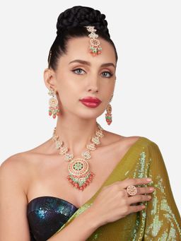 Zaveri Pearls - Peach Mint Green Austrian Diamonds Necklace Earring Maangtikka Ring Set-ZPFK16148