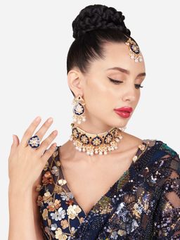 Zaveri Pearls - Blue Peach Meenakari Kundan Choker Necklace Earring Maangtikka Ring Set-ZPFK16150