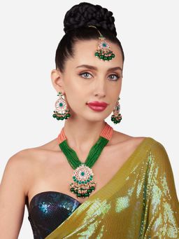 Zaveri Pearls - Multicolour Multistrand Cluster Necklace Earring Maangtikka Ring Set-ZPFK16151