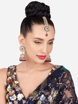 Zaveri Pearls - Purple Beads Drop Dazzling Kundan Jhumki Earring and Maangtikka set-ZPFK16152