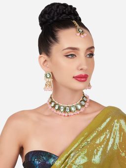 Zaveri Pearls - Pink Green Meenakari Kundan Choker Necklace Earring Maangtikka Set-ZPFK16153
