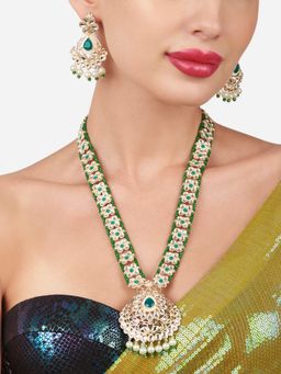 Zaveri Pearls - Green Crystal Beaded Long Bridal Kundan Necklace and Earring Set-ZPFK16157