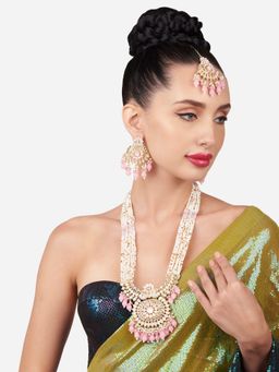 Zaveri Pearls - Pink Multistrand Beaded Long Bridal Kundan Necklace and Earring Set-ZPFK16158