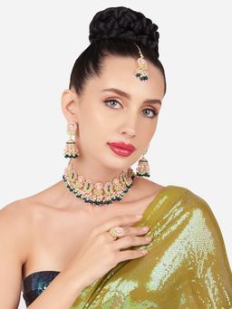 Zaveri Pearls - Multicolour Beaded Kundan Choker Necklace Earring Maangtikka and Ring Set-ZPFK16159