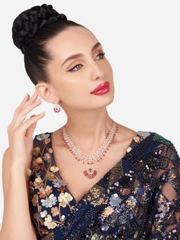 Zaveri Pearls - Pink Dazzling Cubic Zirconia Designer Brass Necklace and Earring Set-ZPFK16161