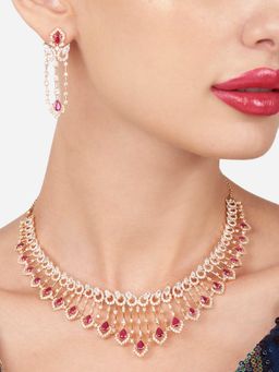 Zaveri Pearls - Pink Dazzling Cubic Zirconia Designer Brass Necklace and Earring Set-ZPFK16162