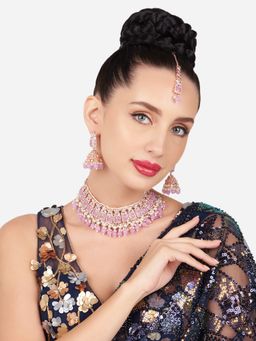 Zaveri Pearls - Purple Stones Beads Dazzling Choker Necklace Earring and Maangtikka Set-ZPFK16164