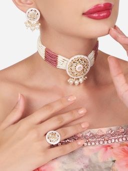 Zaveri Pearls - Pink Meenakari Crystal Multistrand Necklace Earring Ring Set-ZPFK16168