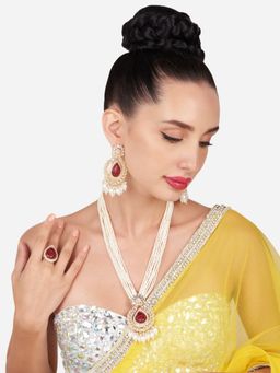 Zaveri Pearls - Red Stones Long Multistrand Beaded Necklace Earring and Ring Set-ZPFK16170