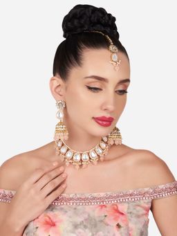 Zaveri Pearls - Peach Beaded Kundan Choker Necklace Earring Maangtikka Set-ZPFK16174