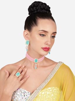 Zaveri Pearls - Pink Turquoise Blue Crystal Choker Necklace Earring Ring Set-ZPFK16177