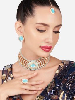 Zaveri Pearls - Turquoise Blue Enamel Kundan Necklace Earring Maangtikka and Ring Set-ZPFK16178