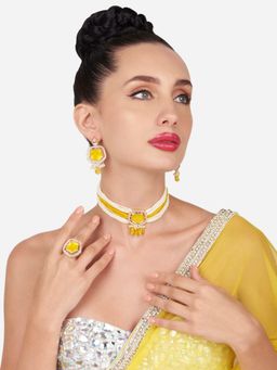 Zaveri Pearls - Yellow Crystal Multistrand Choker Necklace Earring and Ring Set-ZPFK16180