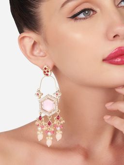 Zaveri Pearls - Pink Stones Kundan and Beads Dangle Ethnic Earring-ZPFK16183