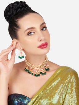 Zaveri Pearls - Green and Pink Beaded Kundan Choker Necklace and Earring Set-ZPFK16189