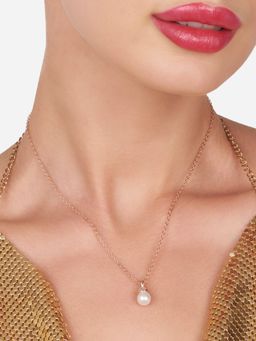 Zaveri Pearls - Rose Gold Cubic Zirconia Pearl Pendant With Chain Brass Necklace-ZPFK16193