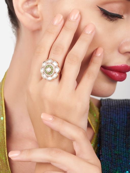 Zaveri Pearls Mint Green Kundan Cubic Zirconia Bling Brass Adjustable Finger Ring-ZPFK16197