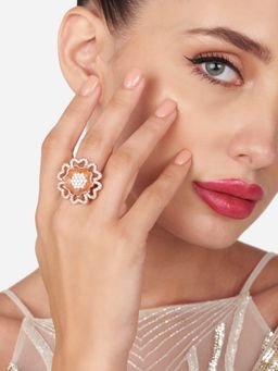 Zaveri Pearls - Rose Gold Cubic Zirconia Flower Bling Brass Adjustable Finger Ring-ZPFK16198