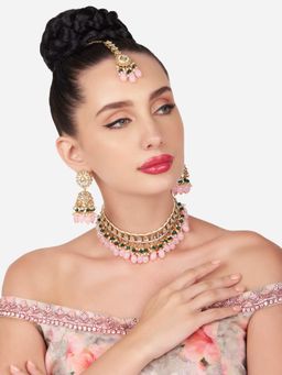 Zaveri Pearls - Pink and Green Dazzling Kundan Choker Necklace Earring and Ring Set-ZPFK16201