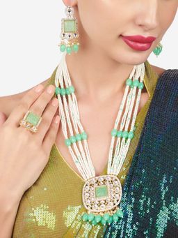 Zaveri Pearls - Green Multistrand Beaded Kundan Bridal Long Necklace Earring and Ring Set-ZPFK16202