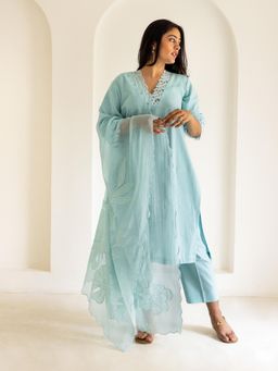 The Hemming Bird - Powder Blue Cotton Patchwork Kurta with Pant and Dupatta (Set of 3)