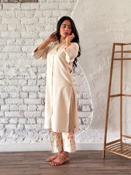 The Hemming Bird - Beige Cream Floral Embroidered Kurta with Pant (Set of 2)