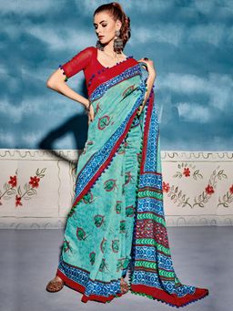 Akhilam - Women Cotton Blend Turquoise Printed Celebrity Saree with Unstitched Blouse