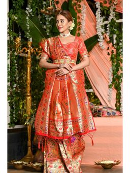 Beatitude - Red and Golden Paithani Woven Saree with Unstitched Blouse
