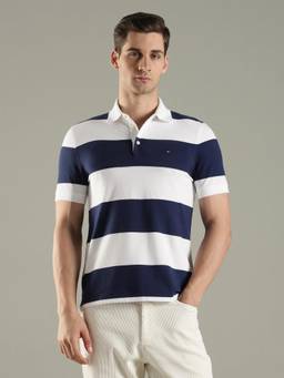 Tommy Hilfiger - Striped Slim Fit Cotton Navy Blue Polo T-Shirt