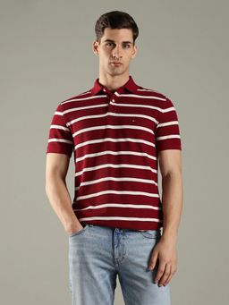 Tommy Hilfiger - Striped Regular Fit Cotton Burgundy Polo T-Shirt