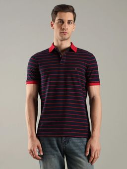 Tommy Hilfiger - Striped Regular Fit Cotton Navy Blue Polo T-Shirt