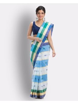 Angoshobha - Box Check Tant Pure Cotton Saree -White, Blue