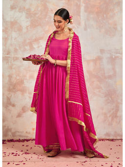 The Indian Cause - Pink Afreen Gathered Anarkali Kurta (Set of 3)