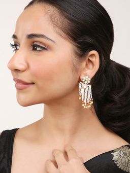 Khushi Jewels - Polki Kundan Earrings with White Pearls Tassel