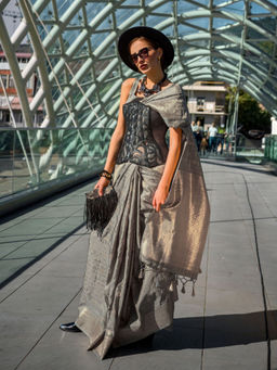 Odette - Women's Grey Woven Saree with Unstitched Blouse